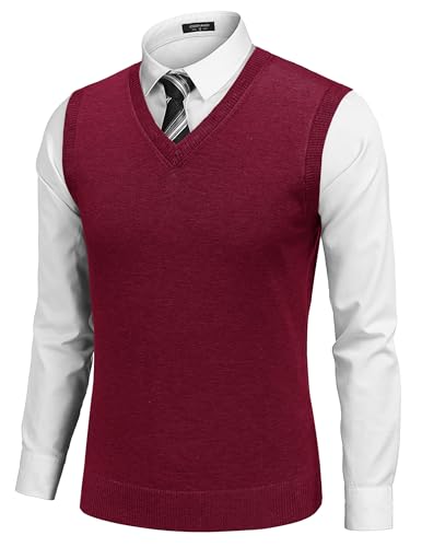 Pull sans manches col en V en coton léger rouge uni confortable