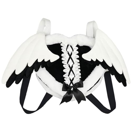 Sac à dos cœur à ailes amovibles et bretelles ajustables en peluche noire confortable
