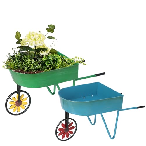 BAYN Metal Wheelbarrow Flower Cart Planter, 2 Packs Plant Stands with Triangular Support Handles Non-Rolling Wheel Vintage Wagon Planter Pots for Home Patio Garden Backyard Rustic Outdoor Decor