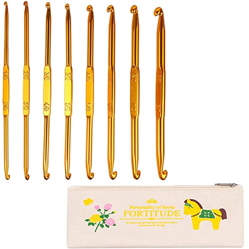 Crochet Hooks Set with Storage Case, BENBO 8PCS Double Ended Crochet Hooks Golden Aluminum Sweater Yarn Knitting Needles Weave Craft Tool Kit for DIY Sewing, 1-8mm