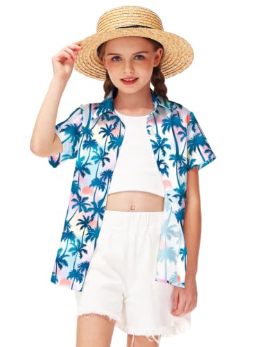 Image of Remimi Unisex Kids 4th of July Button Up Shirt Boys American Flag Print Hawaiian Beach Short Sleeve Tops 5-14 Years