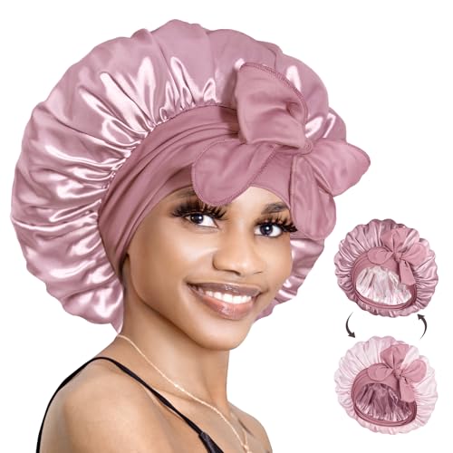 BONNET QUEEN Silk Bonnet Reversible for Sleeping for Curly Hair Double Layer Sided Satin Bonnet for Women & Men Adjustable Silk Scarf Night Cap with Tie Band Mocha and Pink