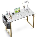 ODK Computer Writing Desk 31 inch, Sturdy Home Office Table, Work Desk with A Storage Bag and Headphone Hook, White Marble + Gold Leg
