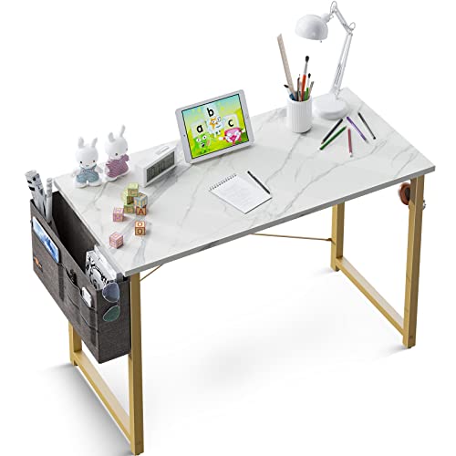 ODK Computer Writing Desk 31 inch, Sturdy Home Office Table, Work Desk with A Storage Bag and Headphone Hook, White Marble + Gold Leg