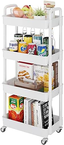 Buzowruil 4-Tier Utility Rolling Plastic Storage Cart Trolley with Lockable Wheels,Multifunctional Storage Shelves for Kitchen Living Room Office,White