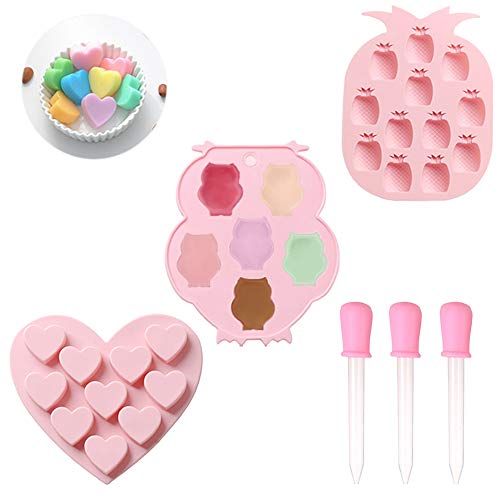 3 Pack Silicone Candy Mold with 3 Droppers MOTASOM Premium Chocolate Molds DIY Gummy Jelly Mold Ice Cube Trays and Cake Baking Mold - Easy to Use&Non-stick Pink