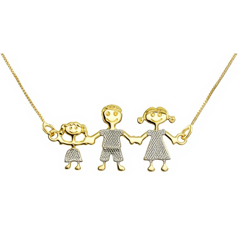 Malu Maiese - Colar de Família, Colar Família, Colar Pendente Família, Colar Personalizado Família, Colar Mãe Pai e Filhos (1 Menina, Ouro Amarelo 18K)