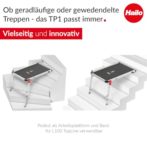 Hailo Stehleiter L100 Topline im Set mit TP1 Treppenpodest - klappbare Aluleiter mit 4 XXL-Sicherheits-Stufen - Arbeitsplattform mit stabilem Rahmen aus Aluminium - belastbar bis 150 kg