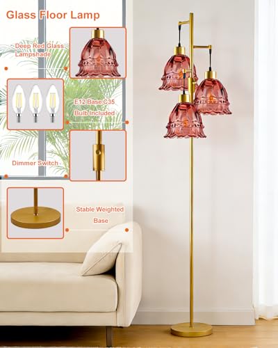 Image of Lightdot 3-Lights Glass Floor Lamp Dimmable Gold Floor Lamp with Deep Red Glass Shade 3000K Bulbs Included Unique Modern Standing Tall Lamp with 5Lbs Heavy Base for Living Room /Bedroom /Sofa Beside