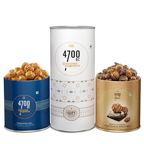 Image of 4700BC Gourmet Popcorn, Combo box,(2 Tins: 1 Himalayan Salt Caramel, 1 Nutty Tuxedo Chocolate), 275gm