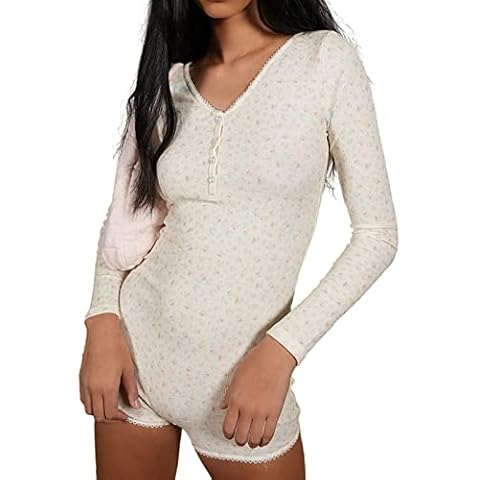 Betrodi Y2k Long Sleeve Bodycon Romper V Neck One Piece Bodysuit Floral Print Shorts Stretchy Jumpsuit Pajama Rompers (A White , S ) Cover