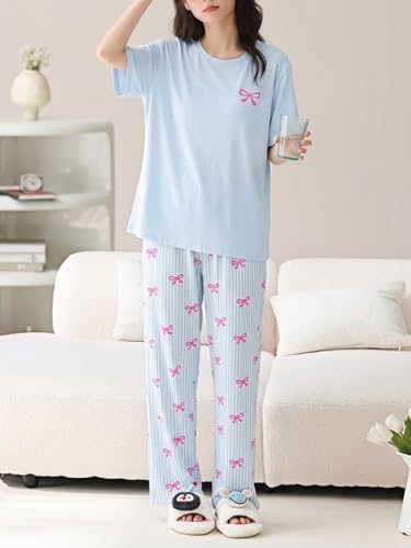 Image of SHIENZY Women Korean Style Night Suit | Round Neck Short Sleeve Cute Printed Cotton Pajama Set for Girls & Women | Soft Nightwear, Loungewear, Sleepwear for Women | Full Pyjama Set | Co-ord Set