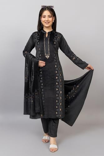 Image of HIFZAA velvet kurta palazzo set with dupatta for womens printed winter wear suit M to 4xl