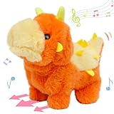 Hopearl Walking Dinosaur Interactive Electronic Pet Plush Toy Stegosaurus Roaring and Moving Animated Nodding Head Gifts for Toddlers Birthday, Orange, 8''