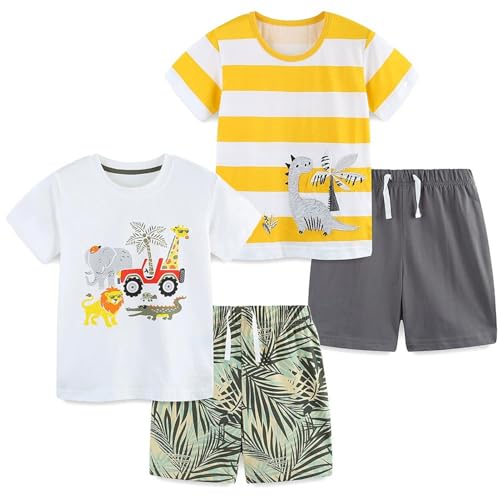 Image of Baby Boys' Summer Clothing Set, 2 Piece Cotton Toddler Boy Outfits 2-6T | Short Sleeve T Shirt and Short, Soft Breathable Infant Boy Clothes, Crewneck, Elastic Waist Shorts, Dinosaur /Car Print