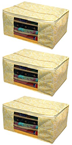 Image of Kuber Industries 3 Piece Cotton Saree Cover Set, Gold (SCY11)