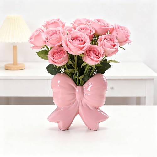LUUDYOTU Coquette Pink Ceramic Bow Vase, Bow-Shaped Flower Vase for Roses Tulips Artificial Flowers, Cute Decor for Bathrooms, Dressers, Windowsills, Home, Christmas A(1pcs)