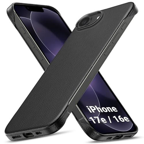 Image of TheGiftKart for iPhone 16e / iPhone 17e Case, Slim Hard Back Cover, Leather Texture Finish, Metal Camera Ring, Lightweight Profile, Hybrid Ultimate Slim Back Cover Case (PC & TPU, Black)