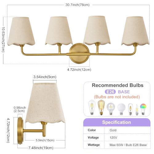 Image of Bathroom Vanity Lights Dimmable Gold Vanity Lighting 4-Light 30.7 inch