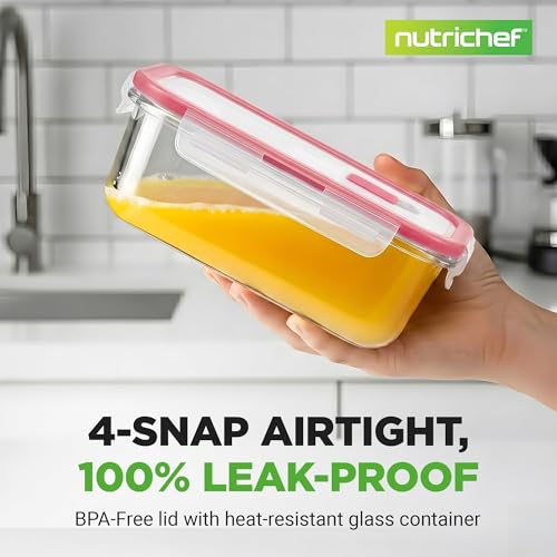 Image of Nutrichef 10-Piece Glass Food Containers - Stackable Superior Glass Meal-prep Storage Containers, Newly Innovated Leakproof Locking Lids w /Air Hole, Freezer-to-Oven-Safe (Red)