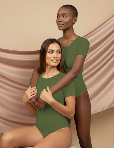 Image of YOGINGO Womens Short Sleeve Bodysuit Crew Neck Slim Fit Basic Body Suit Top Soft Stretch Leotard