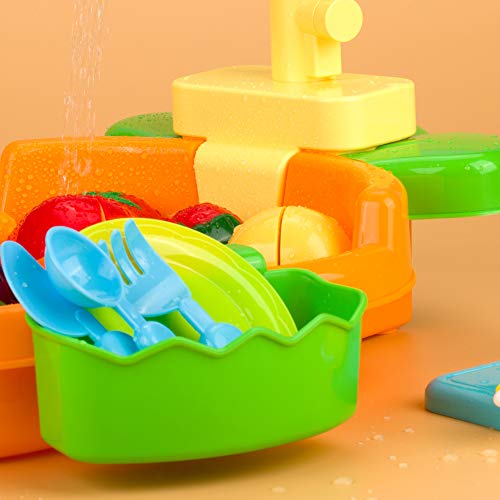 GrowthPic Play Kitchen Sink Toy Set, Water Toys for Kids with Electronic Dishwasher, Pretend Play Utensils Accessories and Play Cutting Food for Boys and Girls