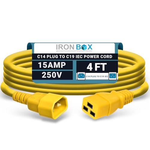 Image of IronBox Electric - Heavy-Duty C14 to C19 Power Cord, 15A, 250V, 14 /3 SJT - IEC60320 PC Cable for Computer Extensions, Monitor, PSU - C14 Male to C19 Female Connector Power Cable - (Yellow 4 Foot)