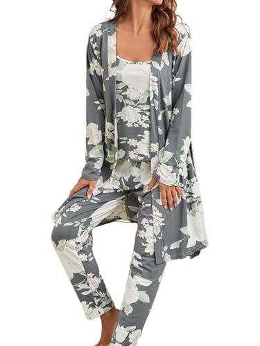 Bunanphy Conjunto de pijama para mujer, estampado floral, suave, 3 piezas, ropa de hogar, bata de manga larga, ropa de descanso, pantalones largos, ropa de dormir, A-gris., S