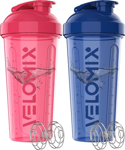 -2 Pack- 28 oz Protein Shaker Bottles for Protein Mixes - 2x Wire Whisk | Leak Proof Shaker Cups for Protein Shakes | Protein Shaker Bottle Pack | Shakers for Protein Shakes-Blue&Pink