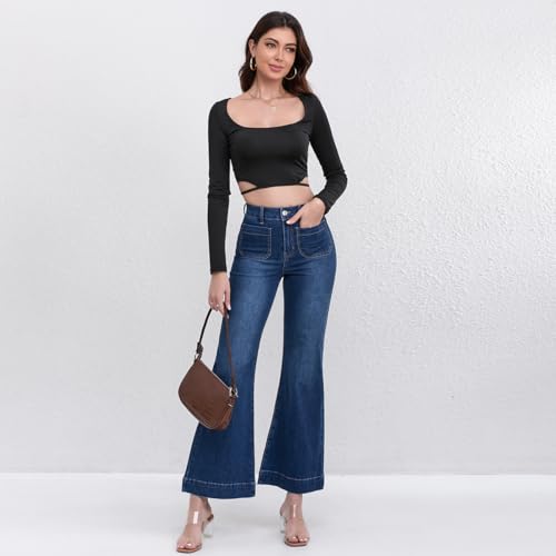 AEJ High Waisted Bootcut Jeans for Women, Stretchy Retro Trendy Flare Bell Bottom Jeans Petite Women's Denim Pants4