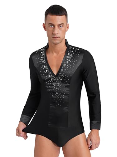 iiniim Maillot de Danza para Hombres Con Pedrerías Brillantes Leotarado para Salón Tango Fiesta Deporte Negro M