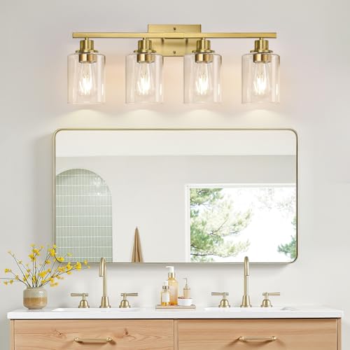 Image of MOKATNG 4-Light Bathroom Light Fixtures, Vanity Light with Clear Glass Shades, Brushed Gold Bathroom Light Fixtures Over Mirror, Modern Bathroom Wall Lamp for Mirror Living Room Cabinet Bedroom