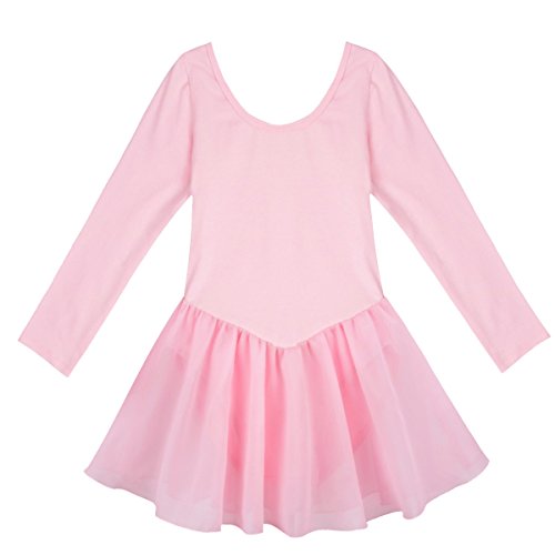 IEFIEL Enfant Justaucorps Gymnastique Danse Classique Fille Tutu Robe de Ballet Performance Col Rond Manches Longues Danse Jupe 2-12 Ans Rose 5-6 Ans