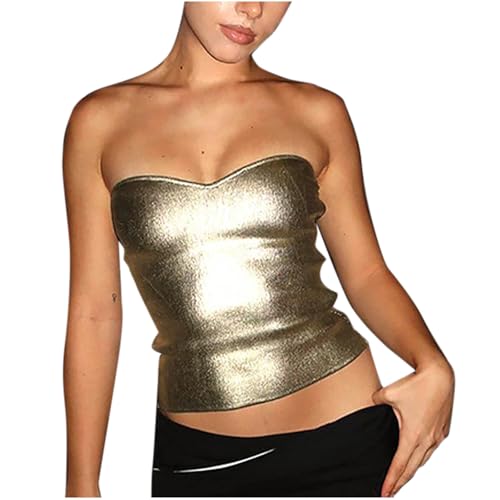 HGps8w Women's Metallic Shiny Tube Tops Strapless Sexy Glitter Bandeau Stretch Corset Vest for Nightclub Party