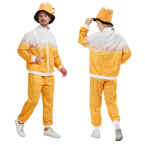 KUKIKUKI Bier Trainingsanzug Kostüm für Männer Frauen Retro 80er Jahre Outfit Bier Jogginganzug Karnevalskostüm (DE/NL/SE/PL, Alphanumerisch, M, Regular, Regular, Gelb)