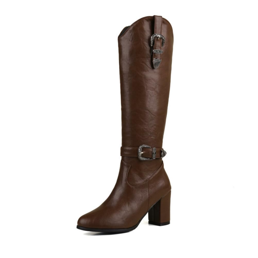 Womens Retro Round Toe Knee-High Boots With Chunky High Heel Wide Calf Metal Buckle Side Zipper Warm Riding