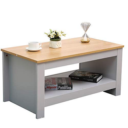 Table basse en bois gris chêne avec rangement étagère de salon 85cm