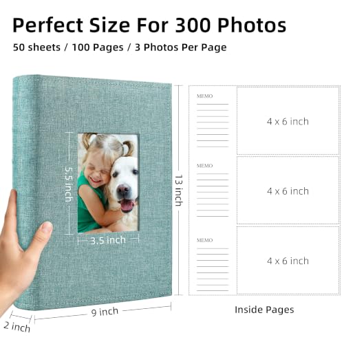 Álbum de fotos Vienrose 4x6 pulgadas para 300 fotos, cubierta de lino verde con ventana personalizable, área de memo, bolsillos deslizables, libre de ácido y PVC miniatura 2