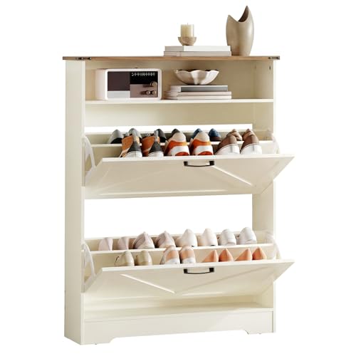 HOOBRO Zapatero de Pie en Madera Rústica con 2 Cajones Abatibles Mueble con Compartimento Abierto