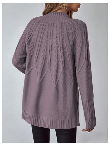 Image of Verdusa Women's Cable Knit Chunky Sweaters Mock Neck Long Sleeve Pullovers Tunic Top Purple Medium