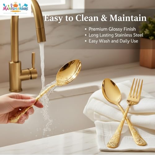 Image of Classic Gold 24 Pcs Stainless Steel Cutlery Set for Dining Table, Dishwasher Safe Glossy Flatware (Perfect Spoon Fork Set)