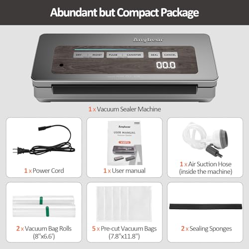 Anybear Vacuum Sealer Machine, 90kPa 120W Width Sealing All in 1, Powerful Food Storage, Built-in Cutter | Bag Storage, Digital Account Display