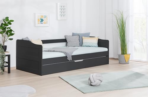 TiCAA Einzelbett Sofabett Funktionsbett, Melinda mit Zusatzbett für Schlafzimmer, Kinderzimmer Kiefer Massivholz Bettgestell 90 x 200 cm