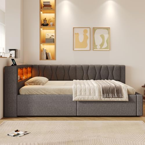 Sofá cama gris de 90 x 200 para habitaciones juveniles con estantería 5