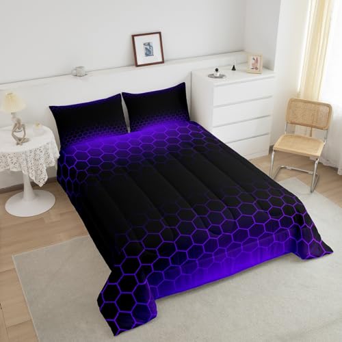 Image of Purple Black Ombre Honeycomb Comforter Set Queen Size, Abstract Hexagonal Bedding Set for Kids Geometrics Honeycomb Comforter Beehive Hexagon Duvet Set Durable Bed Set 3Pcs