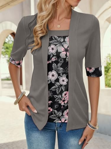 Women's Casual Floral Print Patchwork Square Collar Fake Two Piece T Shirt Summer Loose Half Sleeve Tunic Blouses Tops2