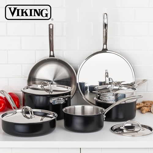 Viking 3-Ply Pots and Pans Set, 12 Piece Stainless Steel Kitchen Cookware Set with Lids, Dishwasher Safe, Induction Ready, Cast Black - Image 2