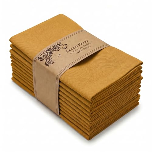 Accent Home Premium Cotton Cloth Napkins (Mustard - Plain, 18" x 18" (Set of 12))