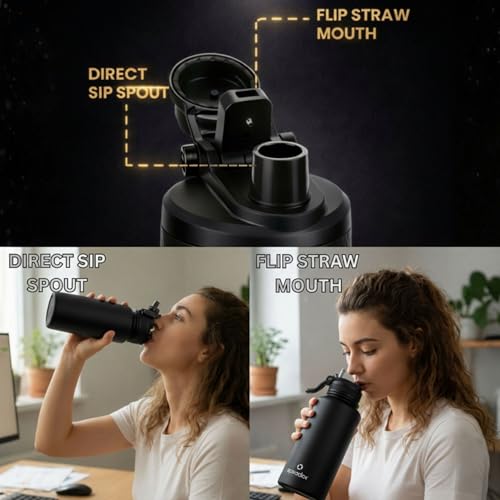 Image of Speedex Vacuum Insulated Stainless Steel Water Bottle 2 Litre (2000ml / 2L / 2 Ltr) with 2-in-1 Lid (Straw & Spout), Hot & Cold Leakproof Thermosteel Travel Flask for Gym & Outdoor (Black)