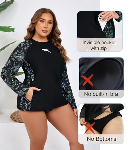 Halcurt Women Plus Size Rash Guard with Thumb Hole Long Sleeve Swim Shirt UPF50+ Swimsuit Top2
